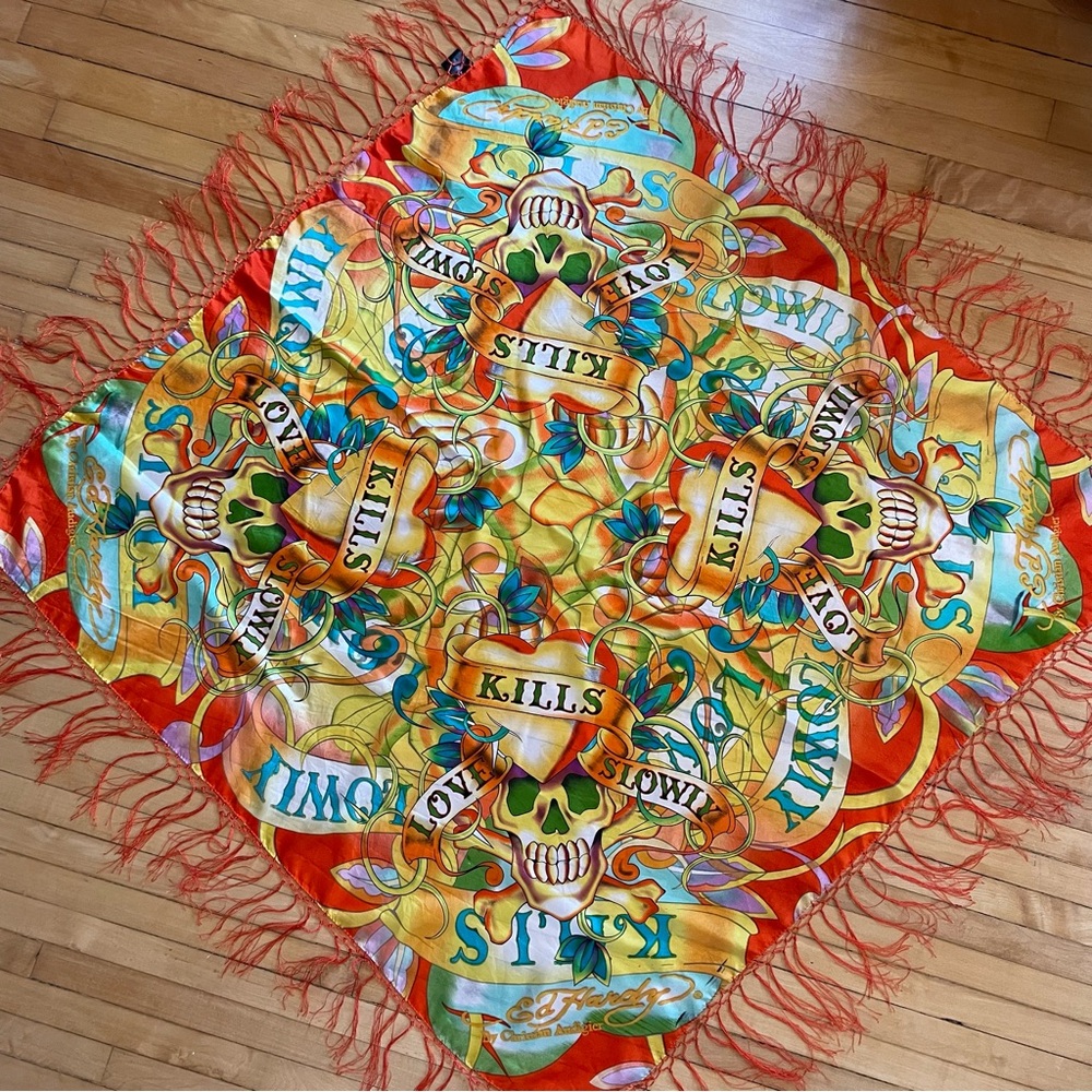 ED HARDY Vintage Y2K Graffiti Silk Scarf Large Square Fringe Love Kills Slowly